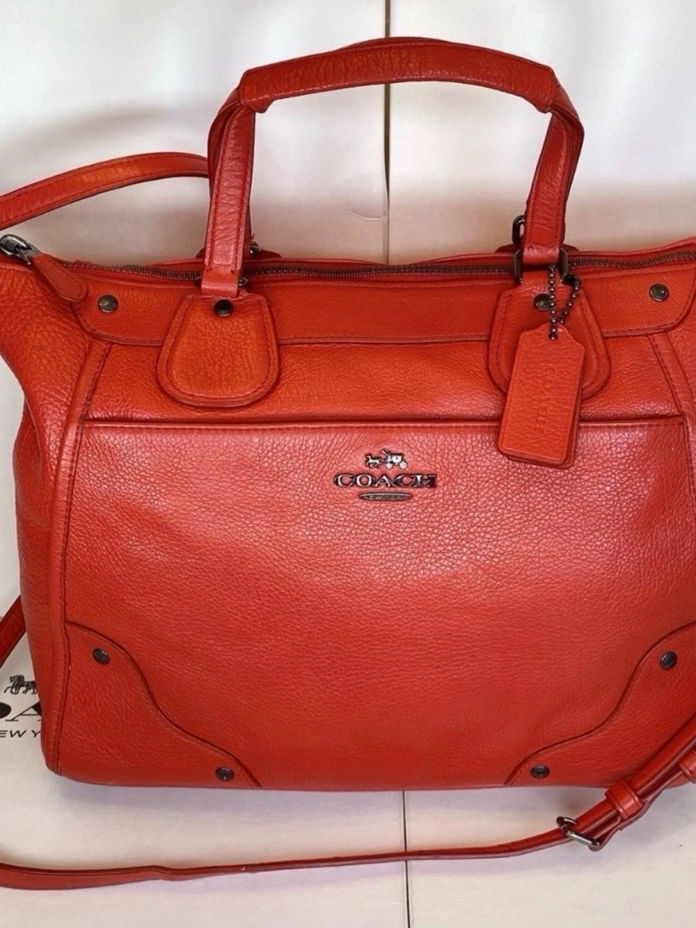 Coach F34040 Mickie cardinal pebbled leather shoulder bag w/strap & dust bag